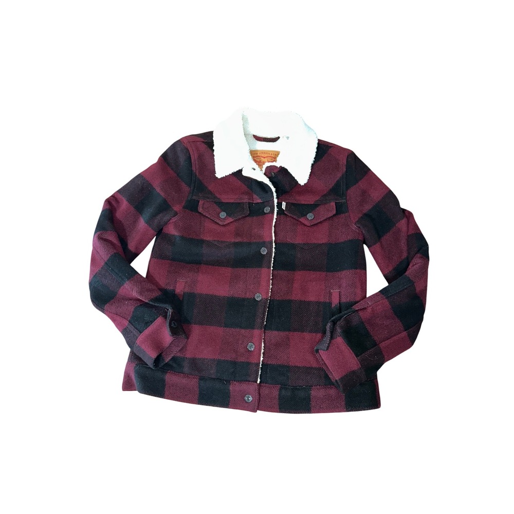 Levi's Womens Buffalo Plaid Sherpa Lined Trucker Jacket Burgundy Black XS